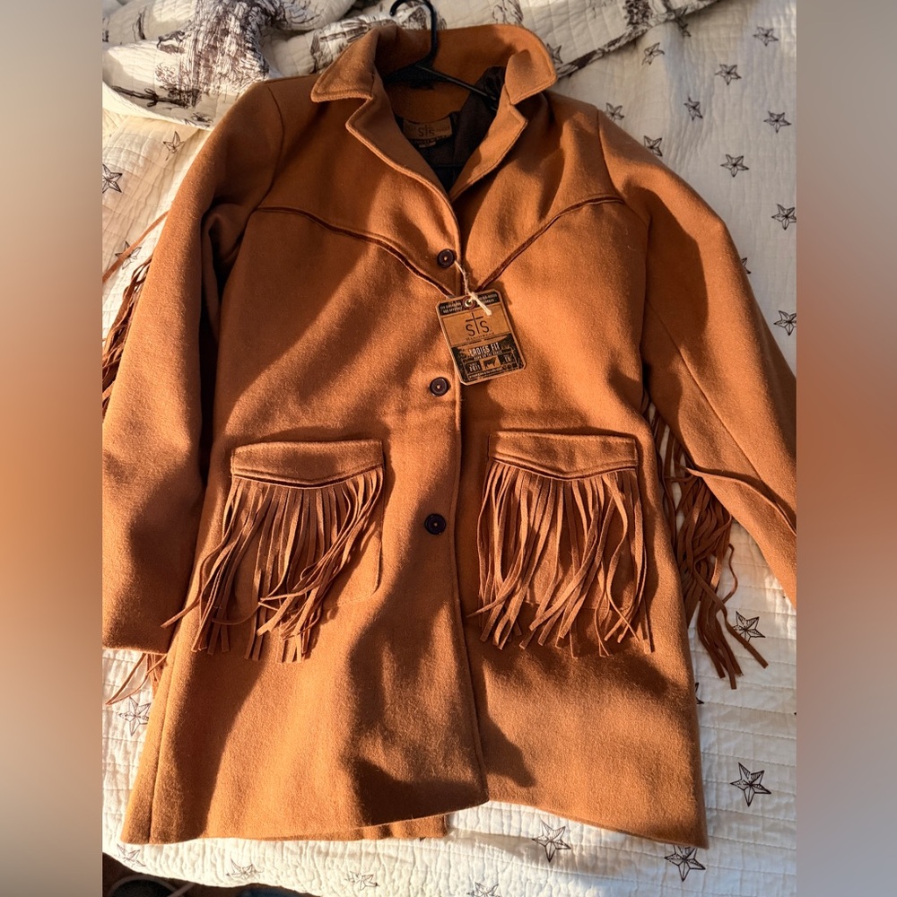 STS Ranchwear Fringe Wool-Blend Trench Coat in Cognac Brown